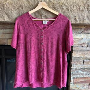 Parsley & Sage Button Down VNeck Short Sleeve Top Embroidery Bohemian Magenta XL